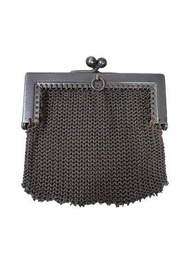 Antique VTG Metal Mesh Chatelaine Coin Purse Pendant 2.5" x 2" Kiss Lock Closure